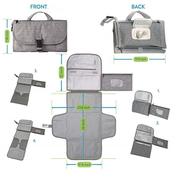 Bærbart bleskifteunderlag med lomme til Smart Wipes gray 65*54cm