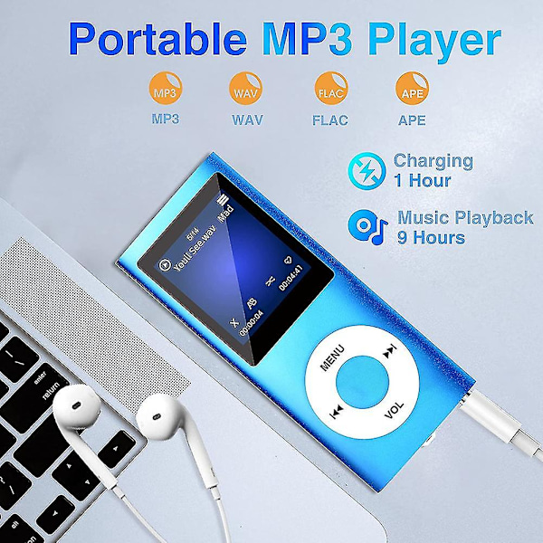 Mp3-spelare med Bluetooth 5.0, musikspelare med 32 GB TF-kort, FM, hörlurar, bärbar HiFi-musikspelare (blå)