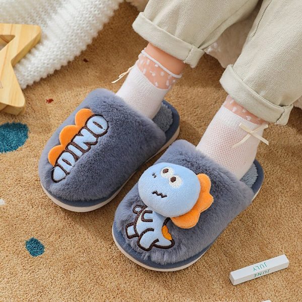 Barns bomullstofflor vinter mjuk botten Hem Cartoon Söta Dinosaur Päls Skor skin red 32-33