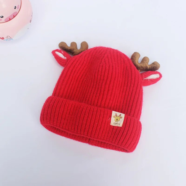 Christmas Stickad Baby Beanie Söt Deer Ear Tjock varm mössa Enfärgad khaki