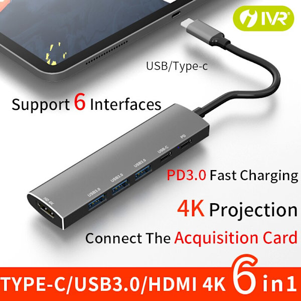 IVR Type-c - Hdmi 4k tai USB 3.0 tai Pd pikalataus 6-in-1 -muunnin monitoimilaajennus 1pc