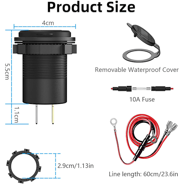 USB Type C -auton USB laturipistoke, 12V/24V Dual USB -lähtö black with red light with 60cm wire