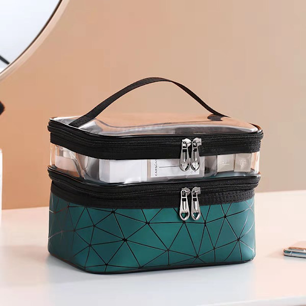 Multifunktions dobbeltlag Transparent kosmetisk makeuptaske green 23*16*17cm