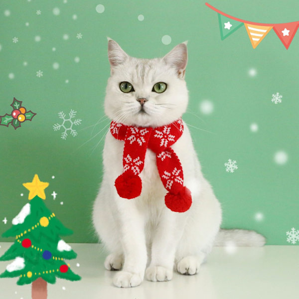 Small Pet Cat Hund Scarf Stickad Snowflake Pläd Ull Scarf red 55cm