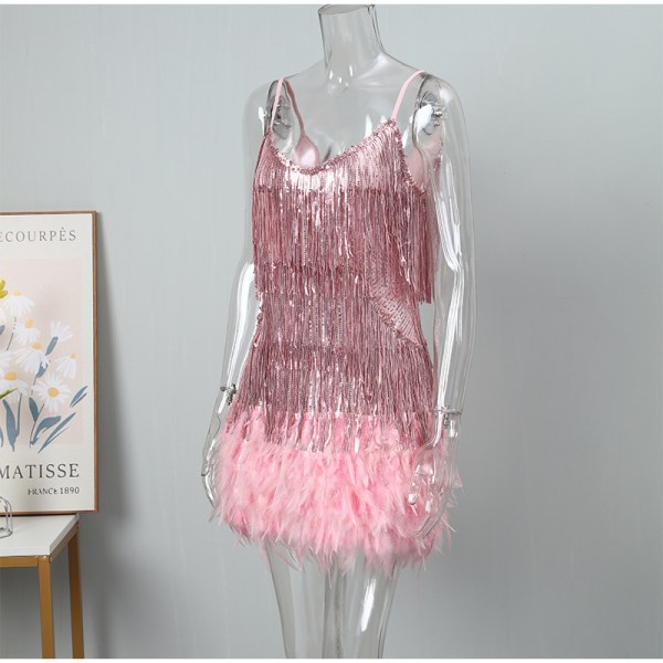 Paljettfransad fjäderklänning med spaghettiband pink XL