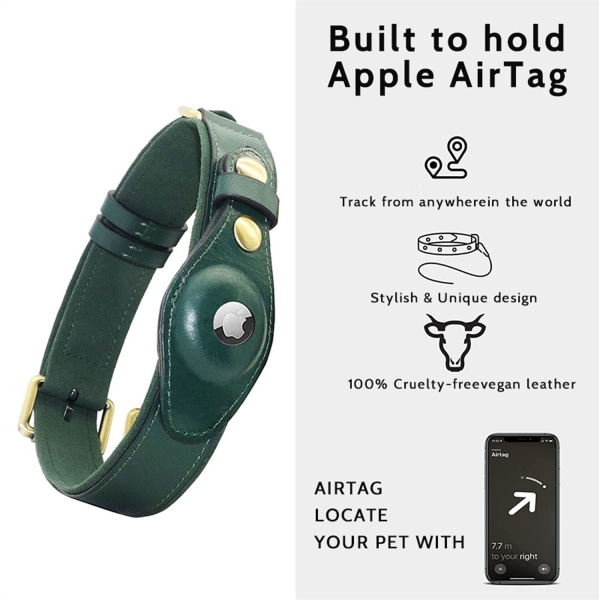 Hundhalsband tungt äkta läder med för AirTag hållare Case Pet GPS Location Tracker Green S