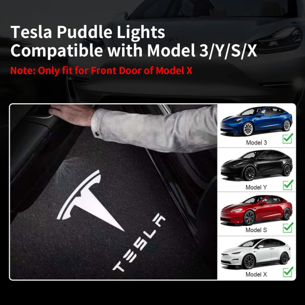 4st Tesla Puddle Lights Bildørslys logotypprojektor, Ultra-Light LED 3D Laser Ghost Shadow Light, Invitationslamper til Model 3 Y S X Tilbehør