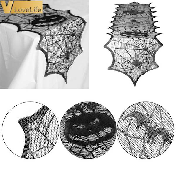 Halloween cover spets bordsduk matt svart pumpa Bat black 46*183cm