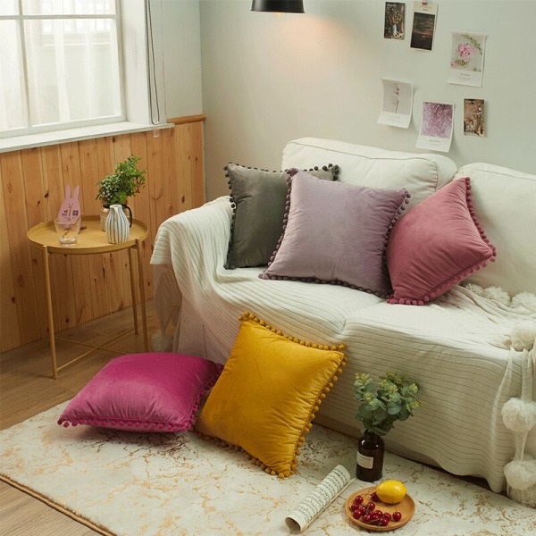 Pudebetræk Pompoms Kanter Ultra Soft Velvet Pudebetræk Sofa Sofa Lændepudebetræk Light coffee 45X45CM