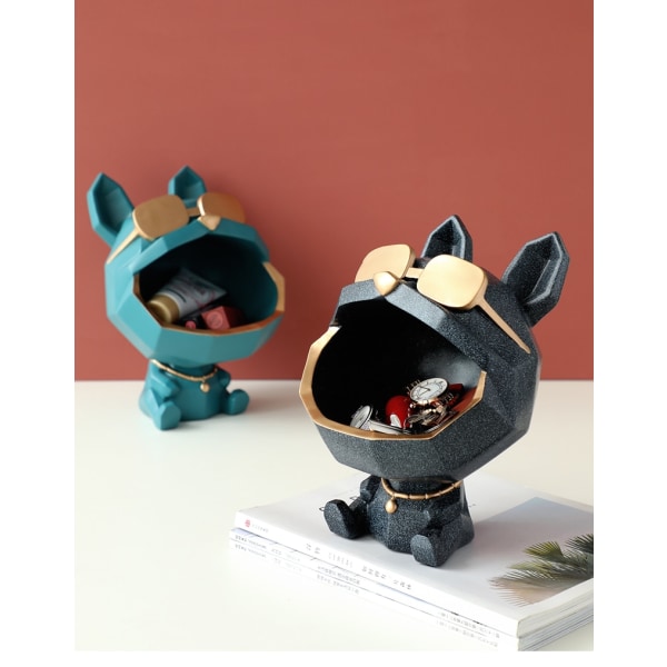 Resin Sculptur Cool Dog Big Mouth Animal Statue Opbevaringsboks Black 17*17*23.5cm