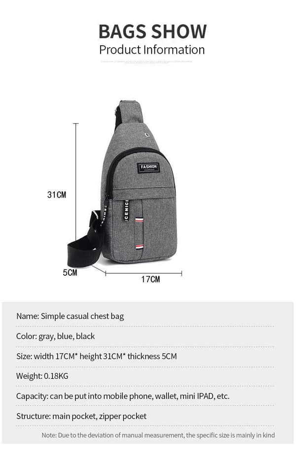 Bröstväskor Casual midja Små korta reseväskor gray 31*17*5cm