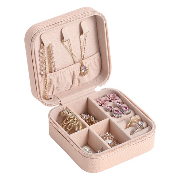 Bærbar rejse mini læder smykker ring opbevaring etui pink 10*10*5cm