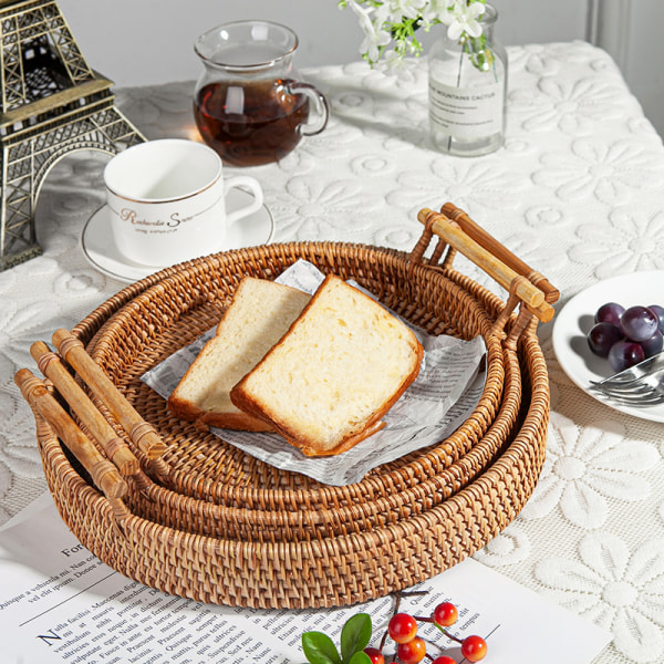 Rattan rund brød frugt madopbevaringsplade med håndtag S