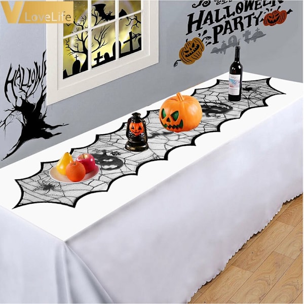 Halloween cover spets bordsduk matt svart pumpa Bat black 46*183cm