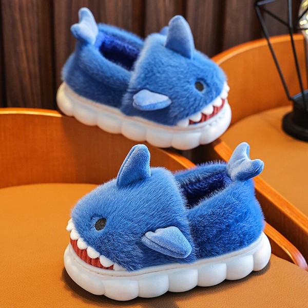 Barntofflor Ylleskor för pojkar Flickor Sandaler Vinter Indoor Shark Tofflor blue 24-25(insole 16cm)