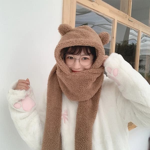 Mode Vinter Kvinnor Nyhet Beanies Kepsar Varm Bear Ear Hat Set White