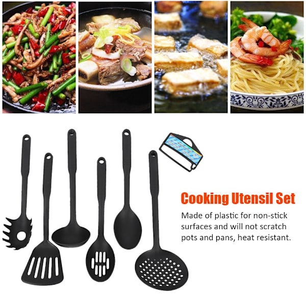 6 stk. spatel-ske kogegrej-sæt Easy Clean Turner til nonstick køkkengrej Varmebestandigt køkkenværktøj Spaghetti server black 6pcs