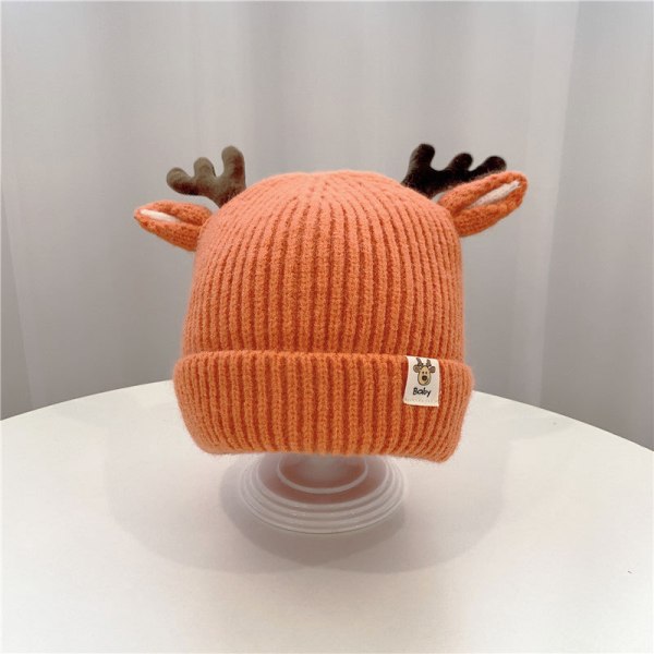 Christmas Stickad Baby Beanie Söt Deer Ear Tjock varm mössa Enfärgad orange