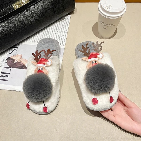 Christmas Älg Plysch Home Tofflor Dam Vinter Varma Furry Slides Skor khaki 38-39(fit 37-38)