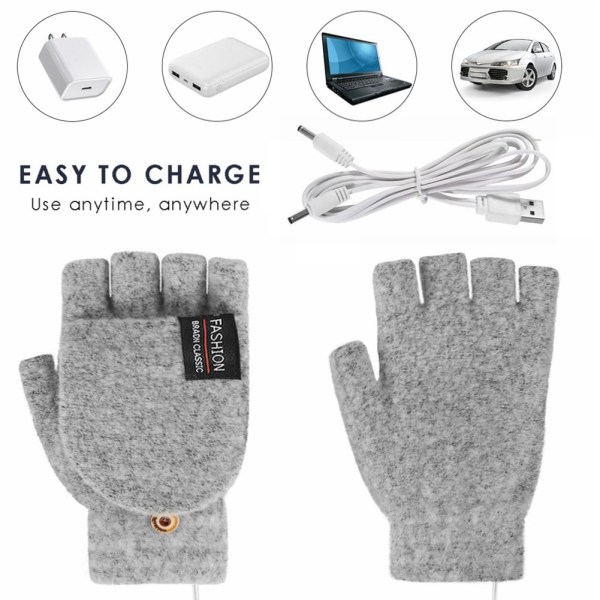 USB Elektriska Handskar Uppvärmning Konvertibel fingerlös handske light gray