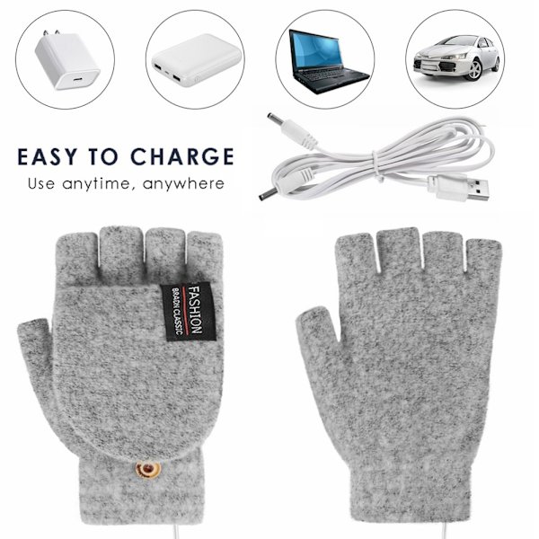 USB Elektriske Handsker Varme Konvertible Fingerløs Handske light gray