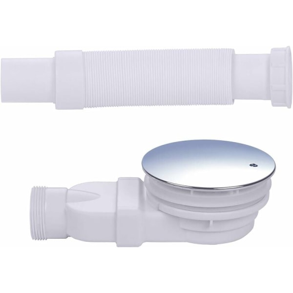 Extra platt duschavlopp 90 mm - Avloppshålssats för duschkar, duschsifon med luktfälla, hårsil, flexibel slang