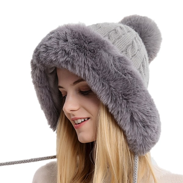 Talvi lämmin neulottu hattu turkis korvaläppä Paksu pehmoinen pörröinen cap blue 56-58cm
