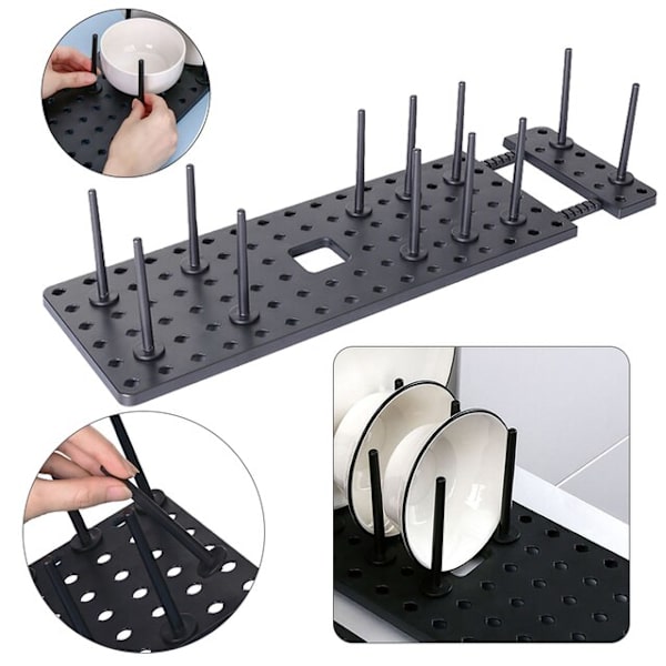 Bestick Rack Låda Infällbar Kök Justerbar Disktallrik Förvaringshållare Avloppsskål Gryta Lock Disk Skåp Förvaring Black