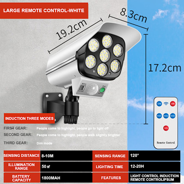 LED Infrarød Sensor Solar Lampe Fjernskærm Væglampe white 19.2*8.3*17.2cm,77 led