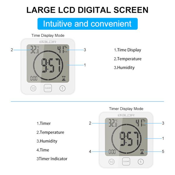 Lcd-skærm Waterdichte Digital Badkamer Wandklok white 102x35x106mm