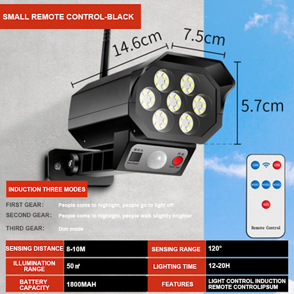 LED Infrarød Sensor Solar Lampe Fjernskærm Væglampe black 14.6*7.5*5.7cm,44 led