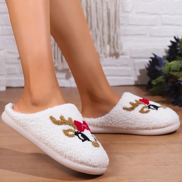 Hem Juldesignerskor Dam Vinter Söt Cartoon Deer Fluffy Tofflor white 38-39