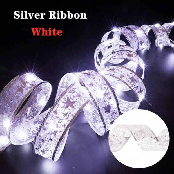 Christmas Ribbon Fairy Light Juldekoration DIY Bows String Light Tree Ornaments Gold-White 5M