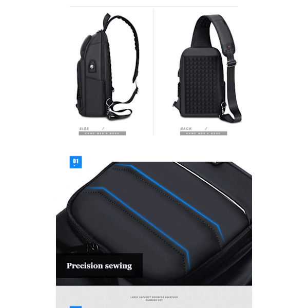 Mandlige Crossbody tasker til mode skulder USB brysttaske black 34 * 21 * 10cm