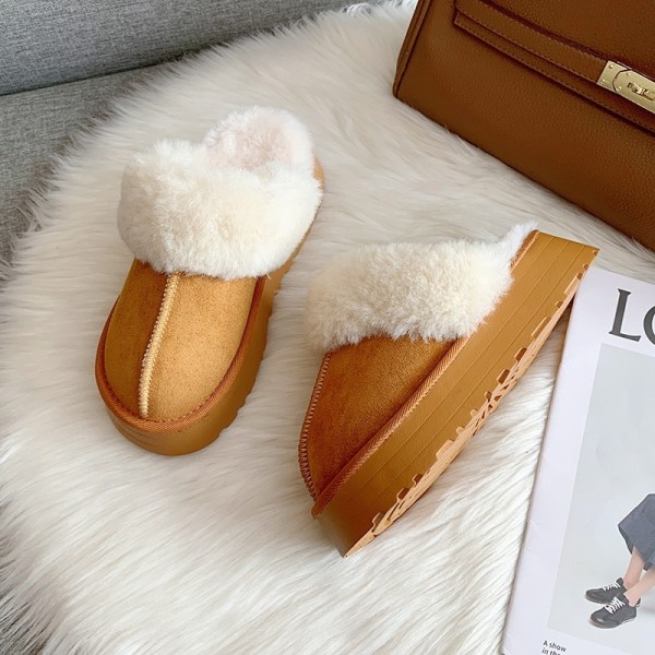 Pälstofflor Dam Vinter Plysch Sandaler Slip on Platform Slides Kvinna Tjock sula camel 40