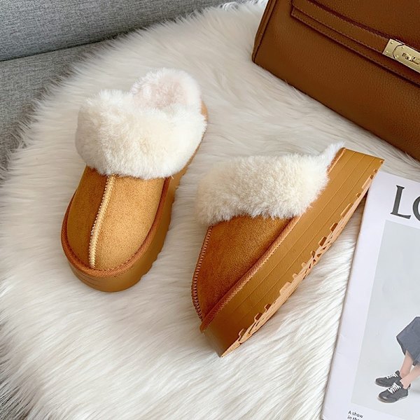 Pelssko Kvinder Vinter Plys Sandaler Slip on Platform Slides Kvinde tyk sål camel 40