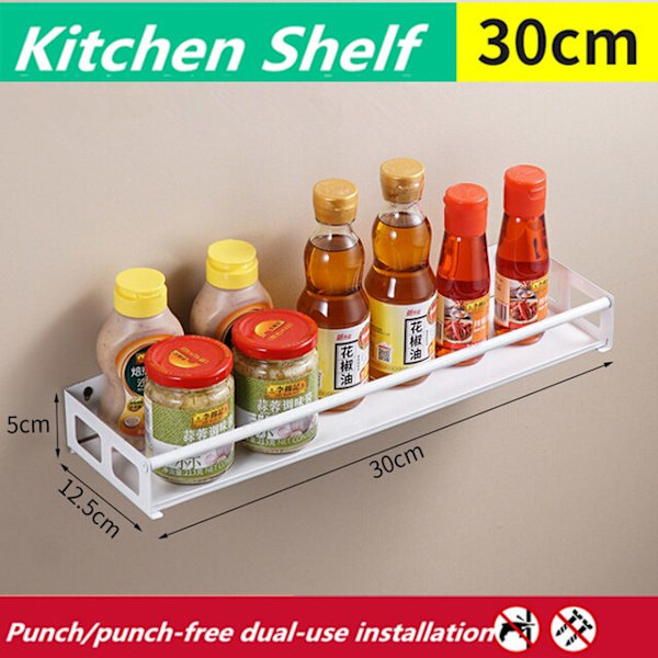 Multi-Purpose Køkken Opbevaring Vægmontering Spice Rack Hyldebeslag White-30cm