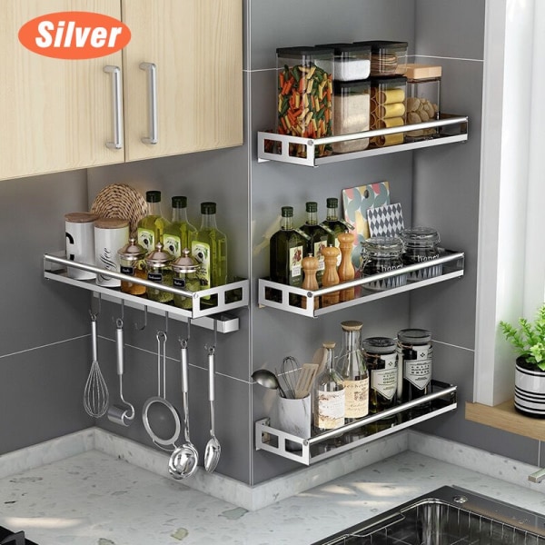 Multi-Purpose Køkken Opbevaring Vægmontering Spice Rack Hyldebeslag Silver-30cm