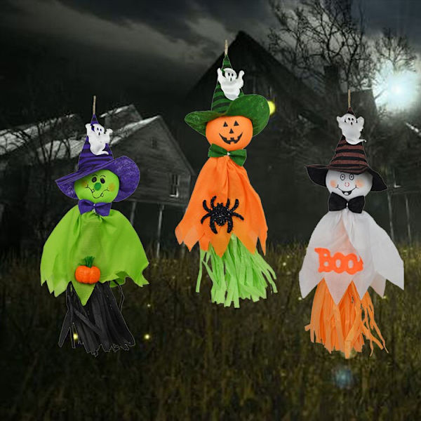 Halloween Straw Ghost Pendant Happy Helloween Party Decor green 3pcs