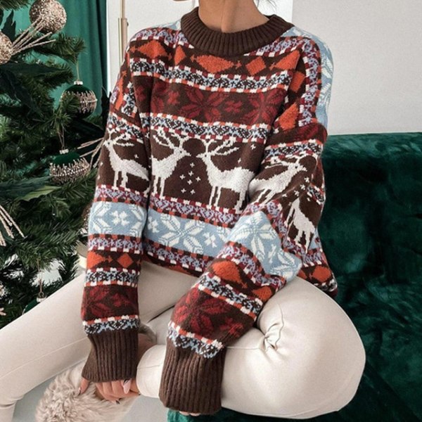 O-hals langærmet sweater kvinder juletrykt sweater Brown S