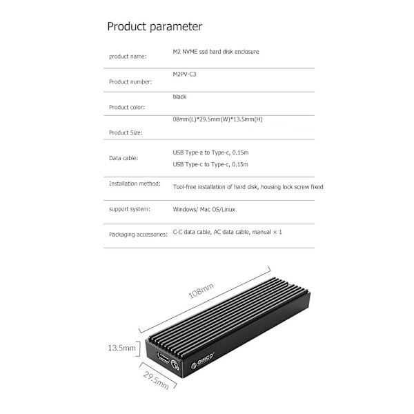 5 Gbps M.2 NVME SSD-kapsling Type-C Solid State Drive Mobil