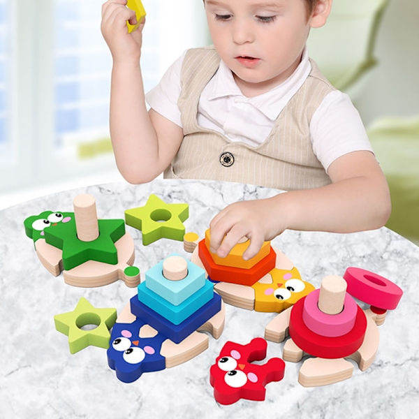 Trä Geometriska Pussel Stapling Spel Pussel Leksaker Lärande