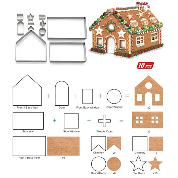 10 st 3D Pepparkakor Hus Cookie Cutter Set Rostfritt stål