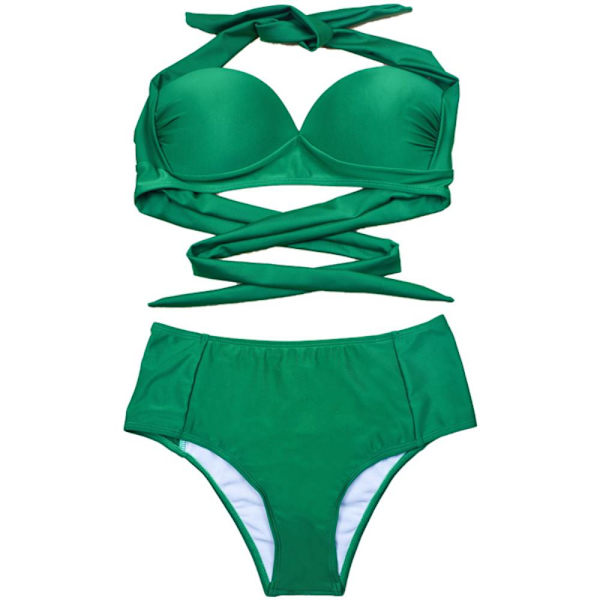 Bygel Push Up Tvådelad Baddräkt, Dam Split Solid Green M