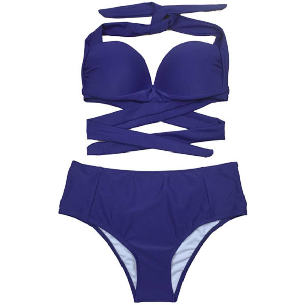 Bygel Push Up Tvådelad Baddräkt, Dam Split Solid Blue M