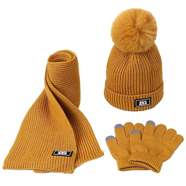Stickad halsduk, Pompom mössa och handskar set（Gul）