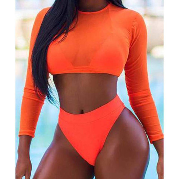 Sexig delad baddräkt i tre delar, mesh bikini långärmad Orange M