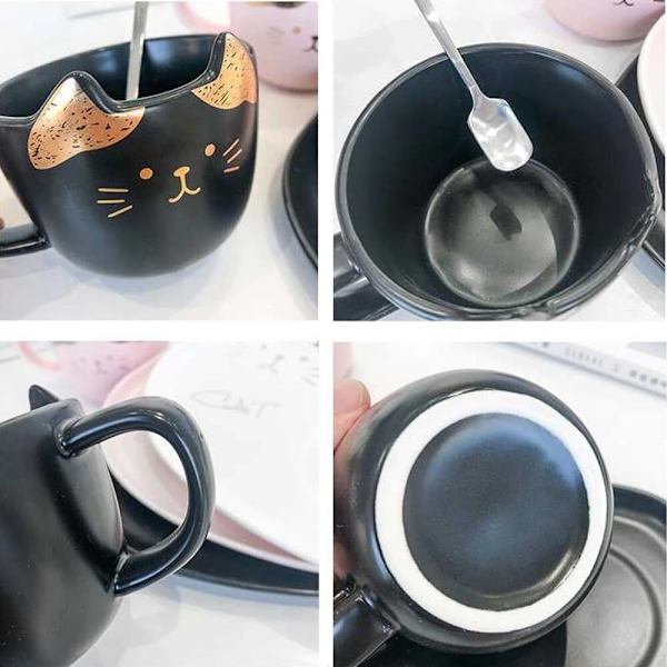 Cat Keramik Kaffekopp Set Med Matta Och Lock Sked Mjölkkopp
