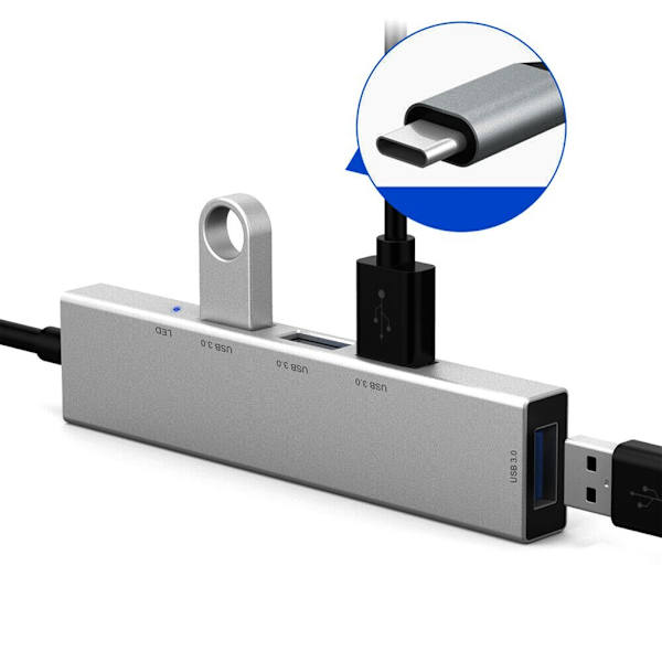 USB-C Typ C till USB 3.0 4-ports navadapter USB-C aluminium