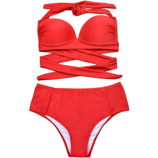 Bygel Push Up Tvådelad Baddräkt, Dam Split Solid Red M